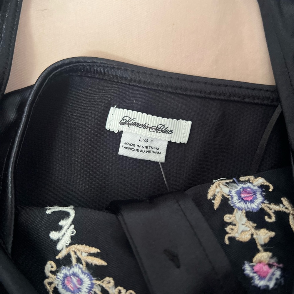 Kimchi Blue Black Satin Halter Top with Embroidered Florals - Picture 2 of 4